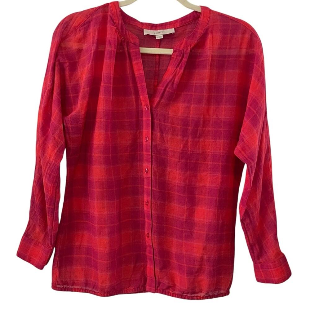 Ann Taylor LOFT Red Pink Plaid Semi-Sheer Button-Up Blouse | XS